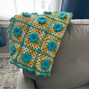 Handmade Granny Square Crochet Afghan Baby Blanket 3D Flowers Blue Yellow EUC